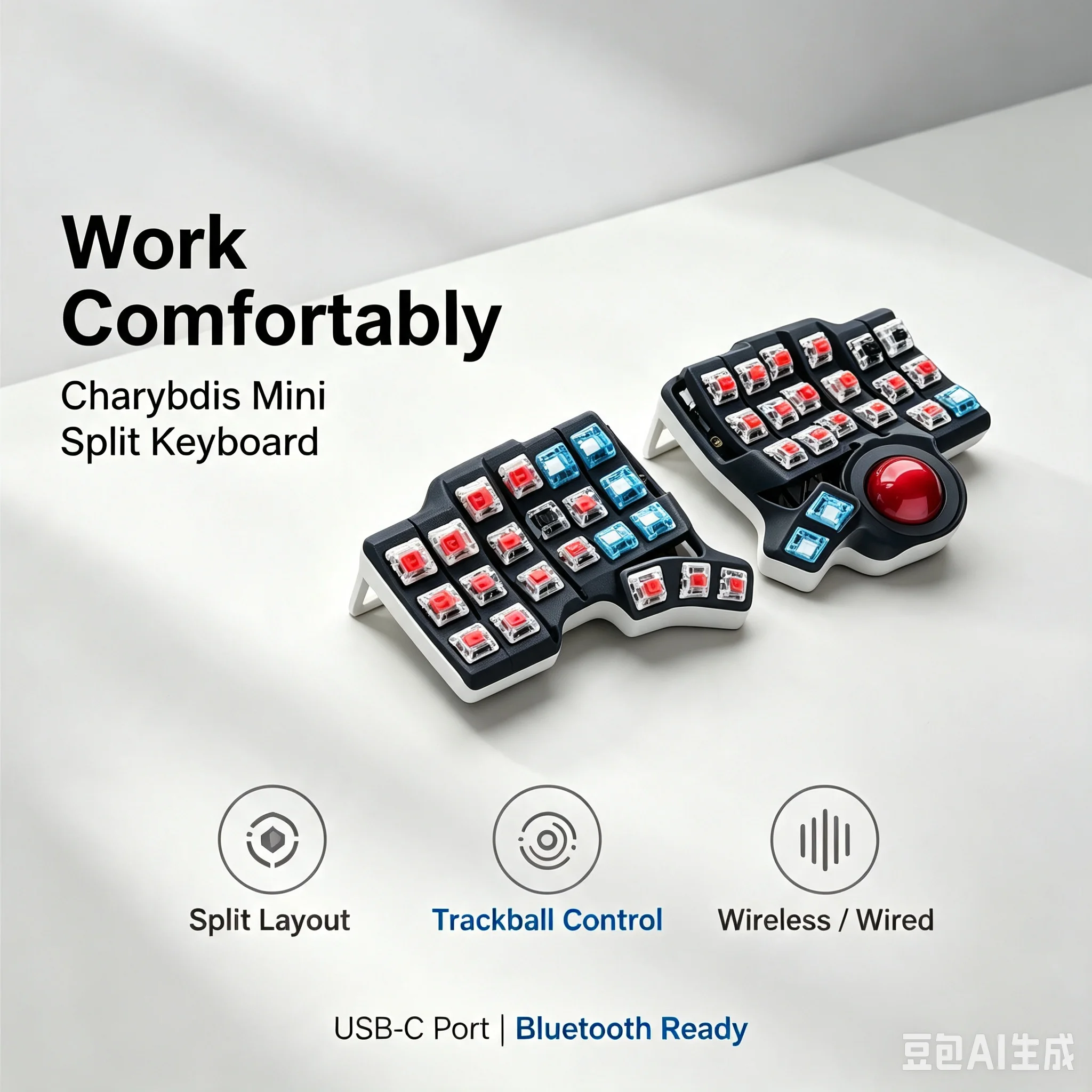 Фото Беспроводная раздельная клавиатура Charybdis Mini Trackball с возможностью горячей замены, ZMK Studio, Bluetooth, 3x6, эргономичная №2