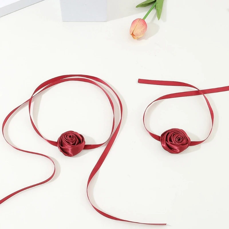 Сексуальное простое колье-чокер с длинной лентой и цветком розы