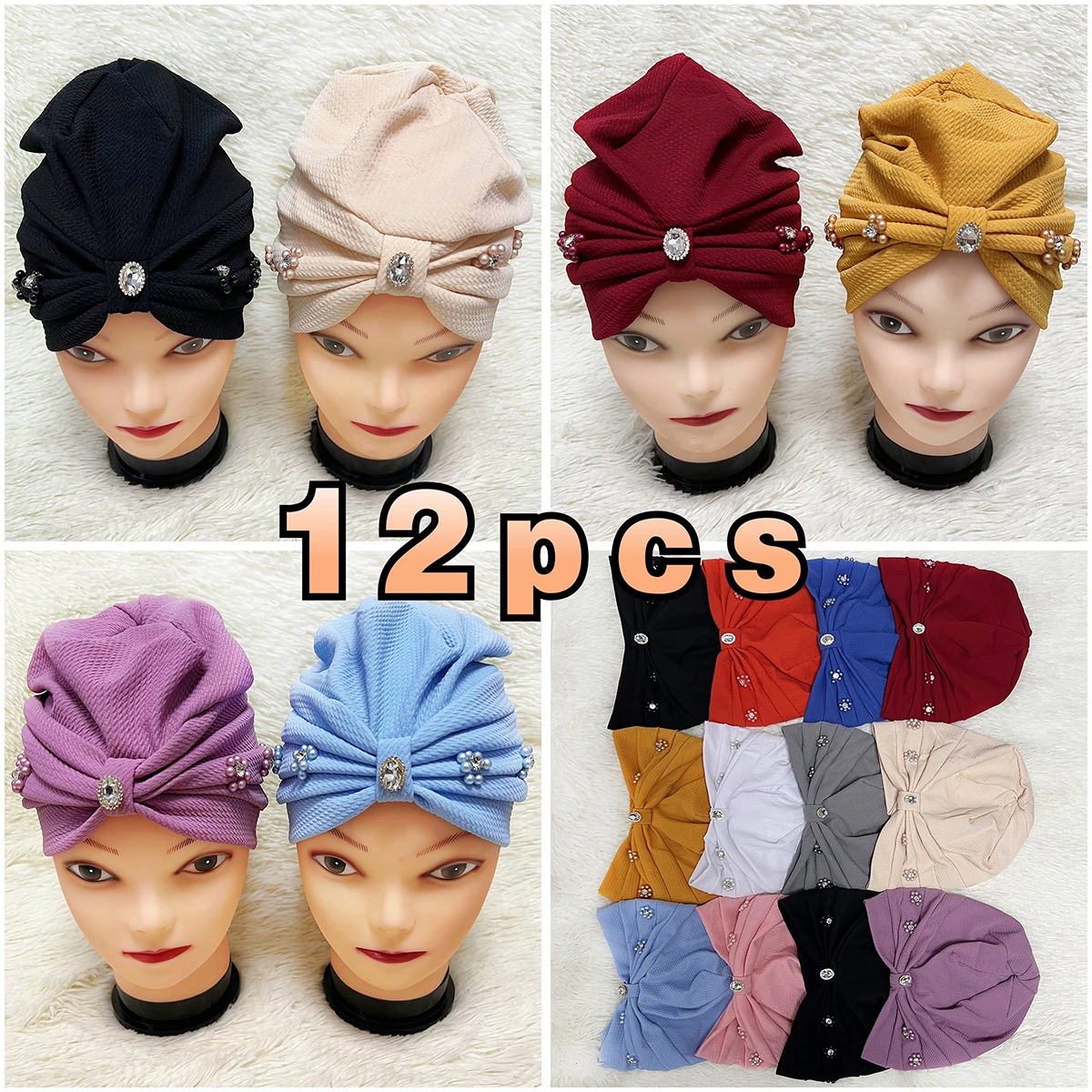 

Wholesale 6/12 Piece Best Selling Flannel Hat Women's Cap Forehead Cross Muslim Base Scarf Indian National Style Pearl Headdress