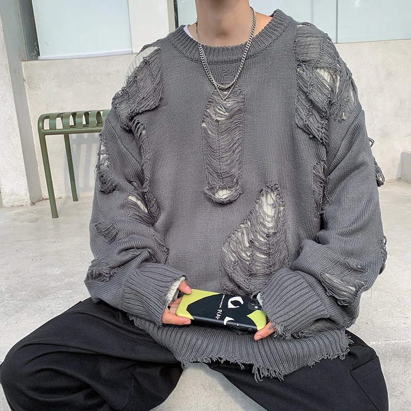 

Свитер уличный для подростков, красивые мешковатые свитера, пуловеры в стиле ретро, мужские высокие крутые трикотажные изделия в стиле Харадзюку, дизайнерские японские шикарные рваные Y2k
