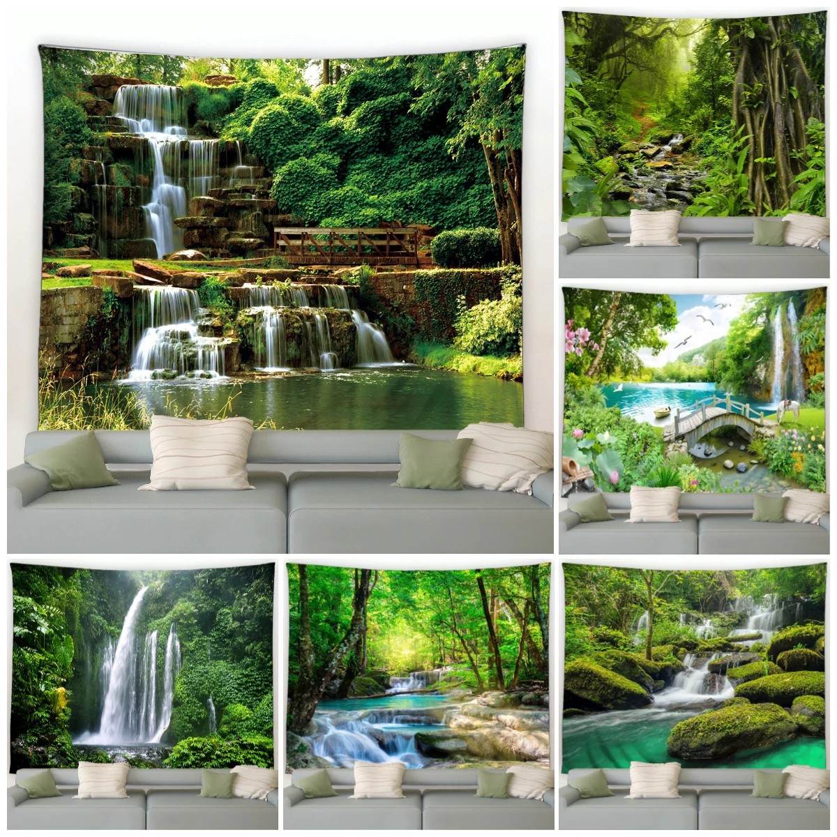Лесной фон натуральный водопад тропический лес весенний пейзаж гобелены