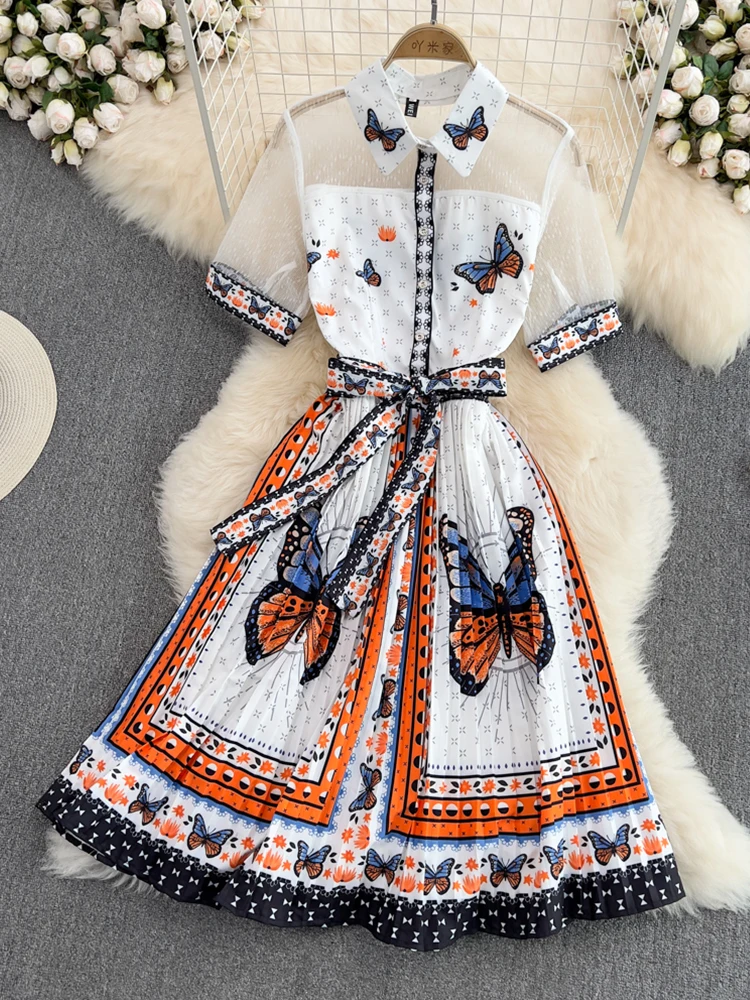 

FTLZZ Summer New Women Lapel Single Breasted High Waist Slim Bow Dress Female Fashion Casual Printed A-Line Pleated Dresses