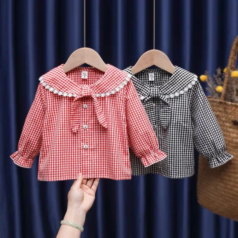 

Рубашки для девочек новые кружевные блузки принцессы Весна Осень Детские рубашки с длинным рукавом модная клетчатая детская одежда детские рубашки Q530