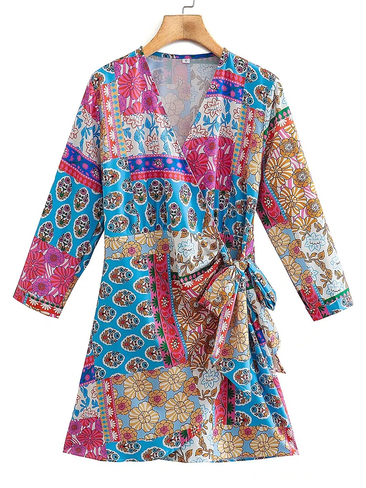 

Женское винтажное платье с запахом, повседневное короткое платье составного кроя с цветочным принтом и V-образным вырезом, лето 2022