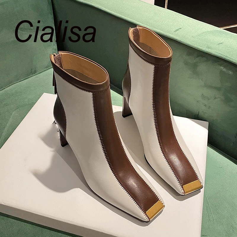 

Женские ботильоны Cialisa из натуральной кожи, модные ботинки с квадратным носком, на высоком каблуке, разные цвета, Осень-зима