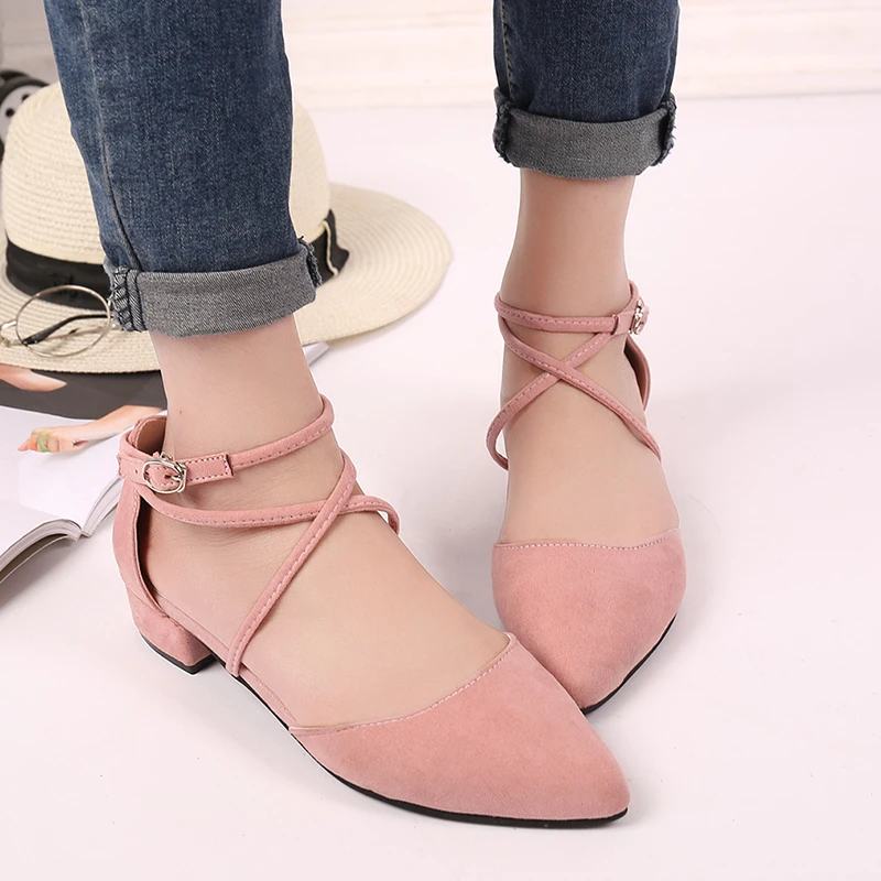 

Women Buckle Casual Cross Strap Suede Summer Pumps New 2021 Ladies Pointed Toe Square Low Heels Female Flock Fashion Shoes