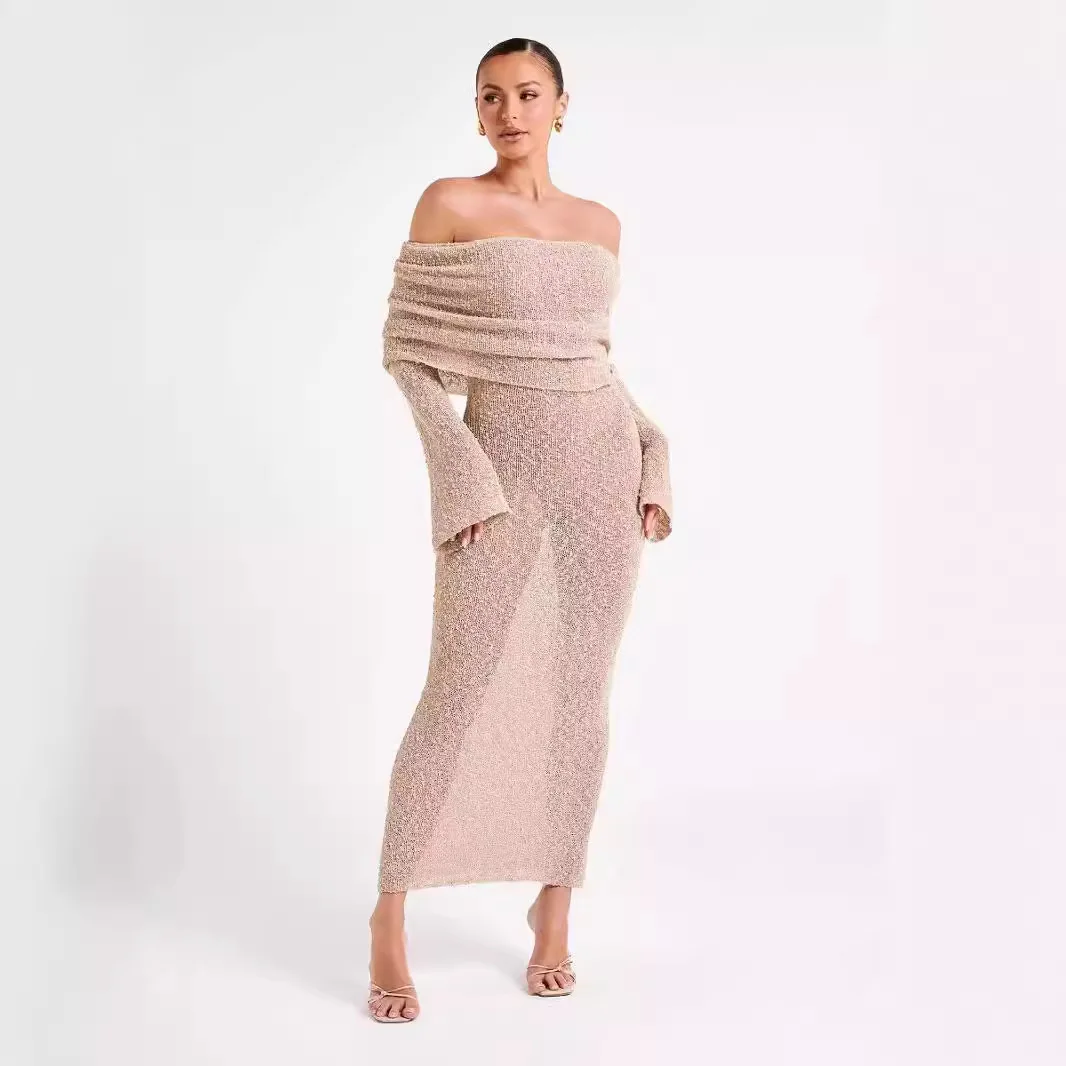 Элегантное вязаное длинное платье с открытыми плечами сексуальный прозрачный