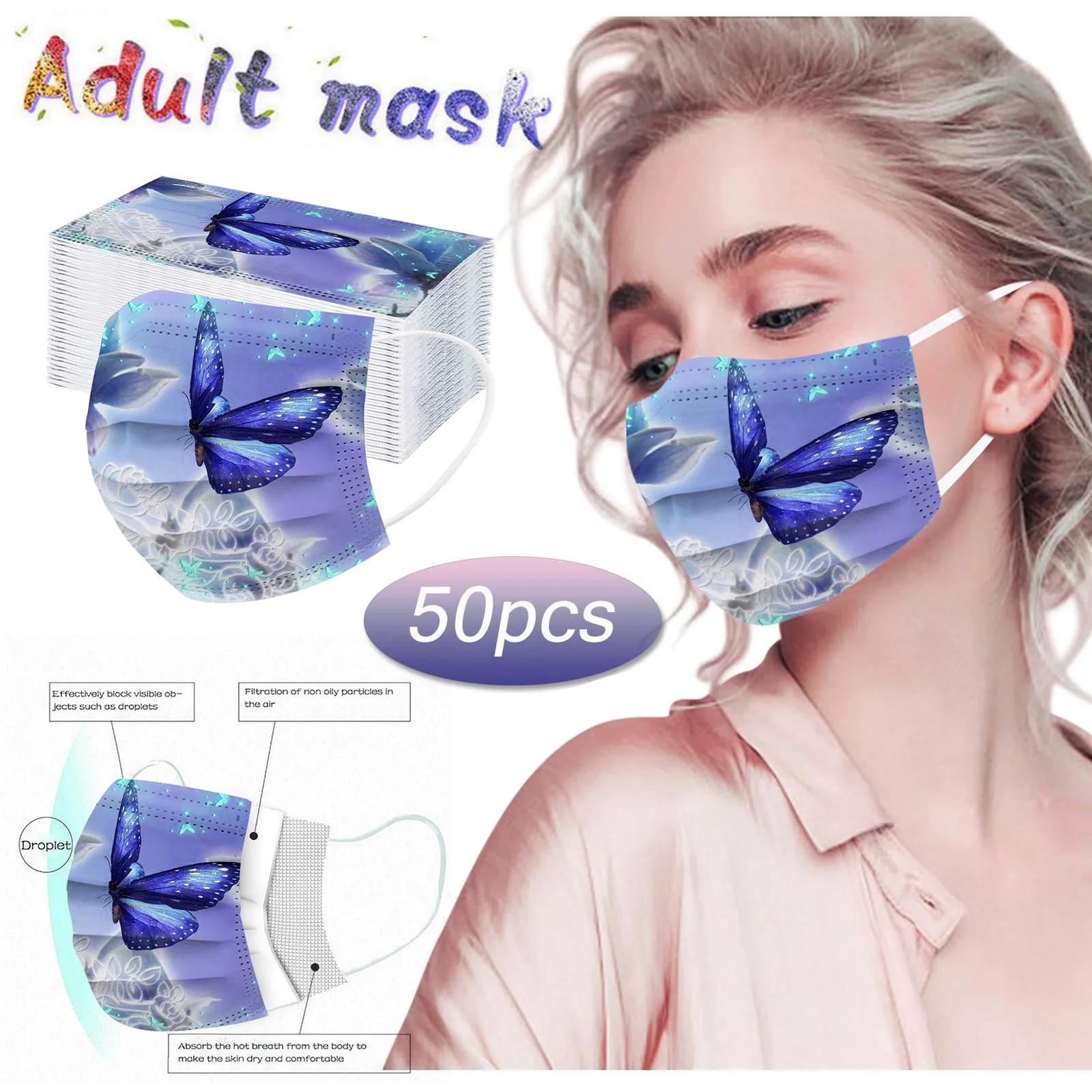 

50pcs Adult Butterfly Printed Masks Mouth-muffle Disposable Protection Face Mask Meltblown Cloth Facemask Halloween Cosplay