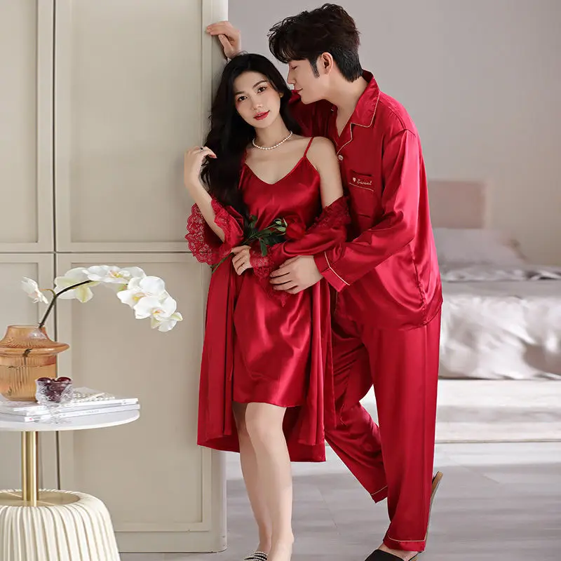1 Wedding couple ice silk pajamas female spring and autumn sexy suspender pajamas real silk male summer red two-piece set