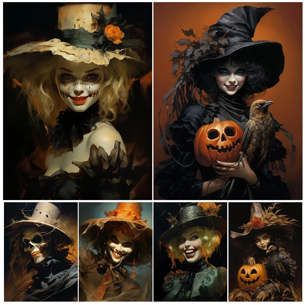 

Funny Clown Witch Wall Art,Gothic Wiccan Canvas Painting,Pumpkin Witch And Crow Art Poster Print Halloween Home Decor Unframed