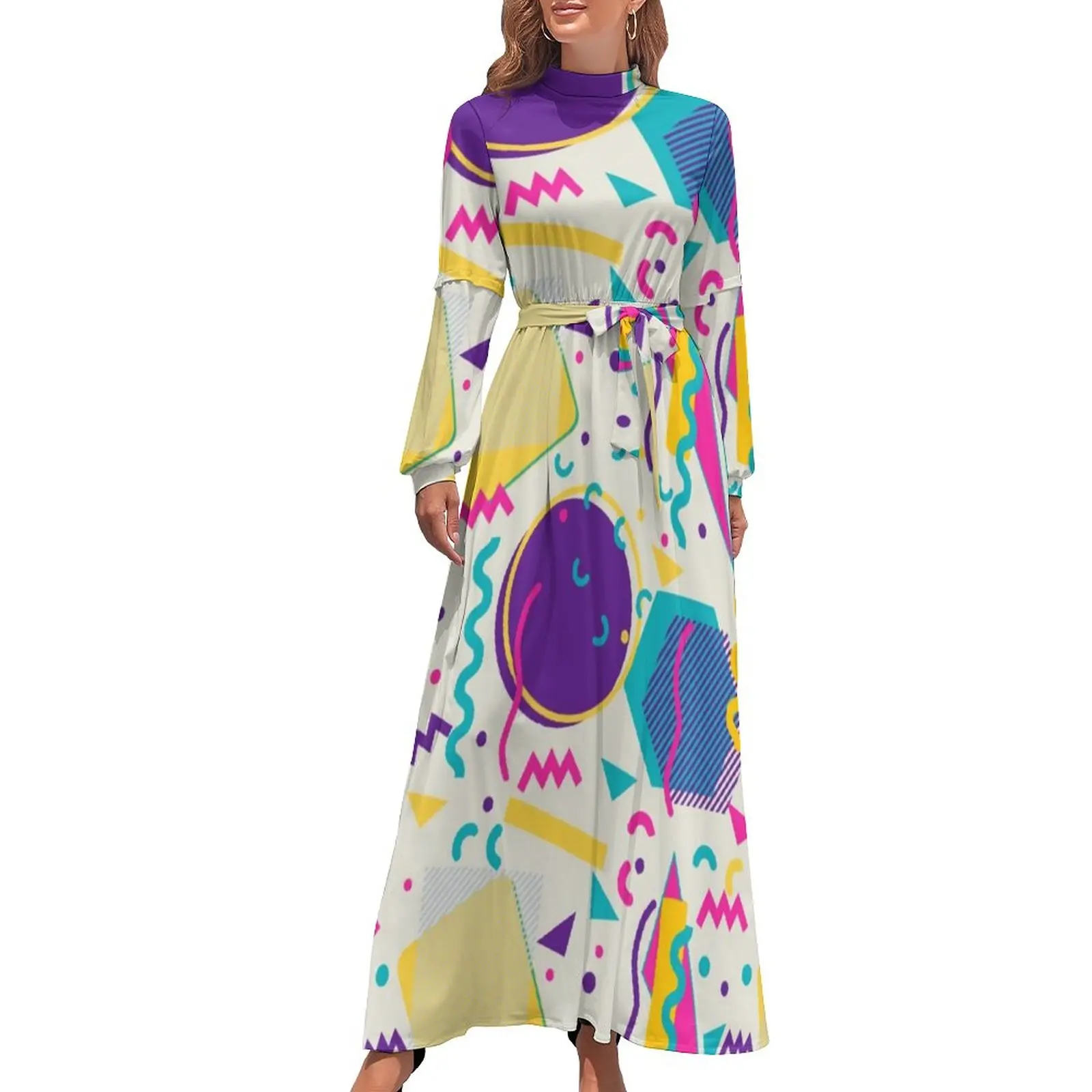 

Memphis Style Dress Long-Sleeve Retro 80s Light Design Sexy Maxi Dress High Waist Aesthetic Printed Bohemia Long Dresses Gift