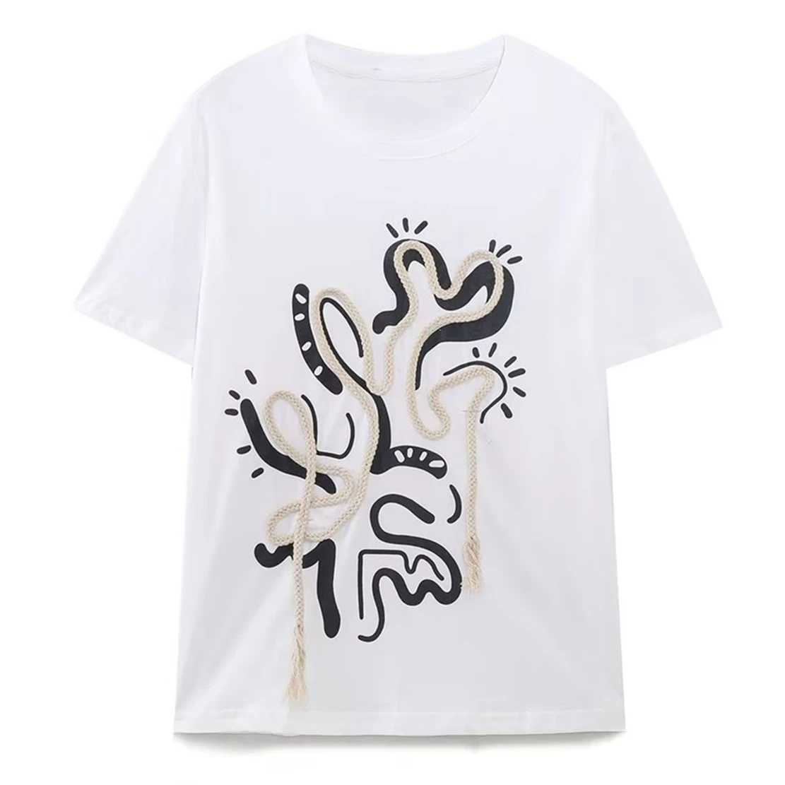 

Withered Fashion High Street Tassel Cactus Decoration Round Neck White Top Cotton Summer T-Shirt Women