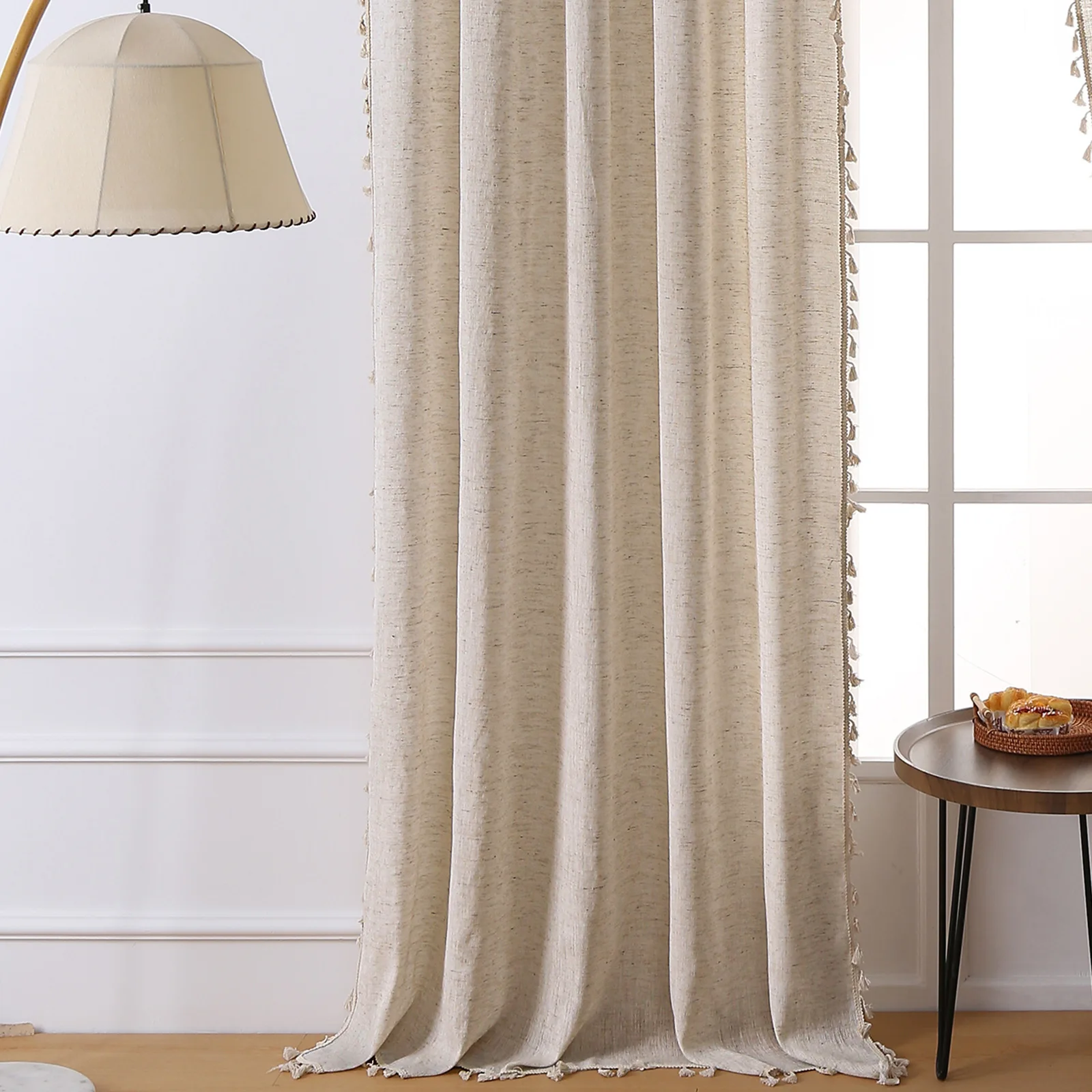 

Льняные полузатемняющие шторы бохо, 1 панель, кремовые