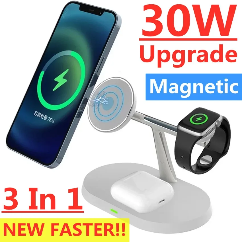 

NEW 30W 3 In 1 Magnetic Wireless Charger Stand Fast Charging Dock Station for iPhone11 12 13 15 15 Apple Watch 8 7 6 Airpods Pro