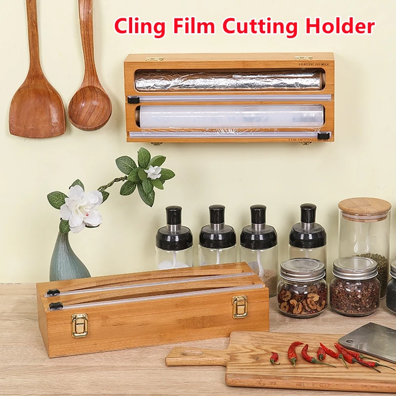Купить Диспенсер для обертки, резак, органайзер из пластика и фольги, ящик для пищевой липкой пленки, Алюминиевый слайд, бамбуковый многоразовый Гл...