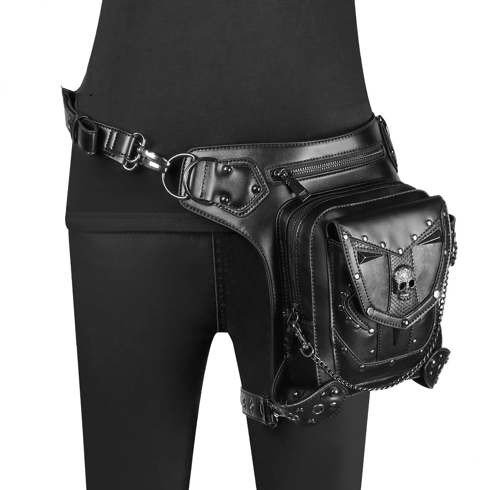 New Punk Motorcycle Bag Skull Chain Bag Ladies Messenger Bag PU Outdoor Waist Bag European and American Style