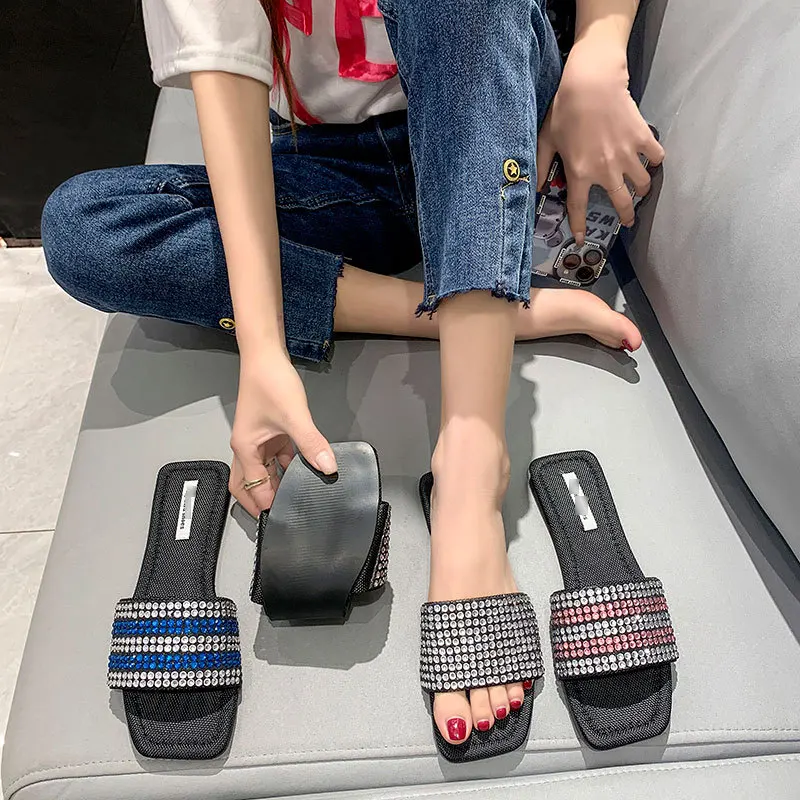 

Fashion Women Rhinestone Slippers Square Toe Flats Summer Shoes Outside Sandals Sexy Ladies Slides Sapatos De Mujer Plus Size 42