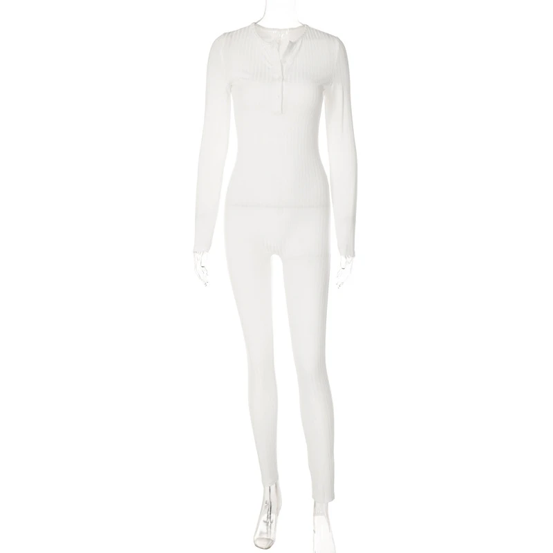 Rib Knitted One Piece Jumpsuit Women Solid Wrap Buttons Long Sleeve Slim Casual Overalls Yoga Pants Fitness Sportswear Romoper