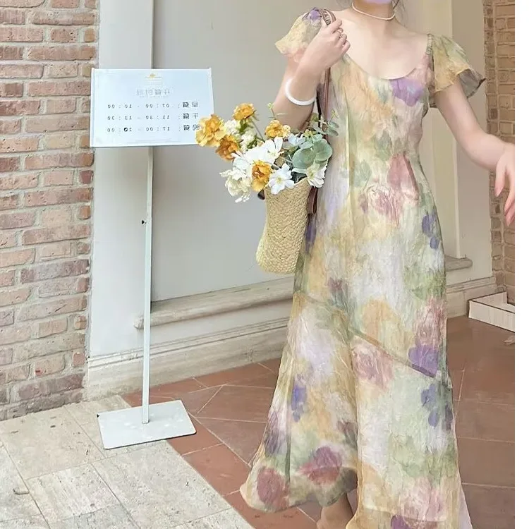 

Tie Dye Slim Waist Elegant Female Dresses French Style Square Neck Fashion Women's Dress Sweet Evening Party Club Dress