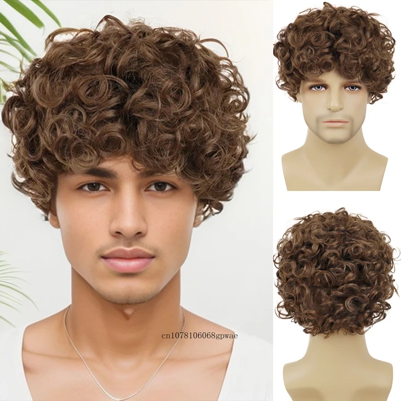 Короткие коричневые парики для мужчин Синтетический афро-кудрявый вьющийся