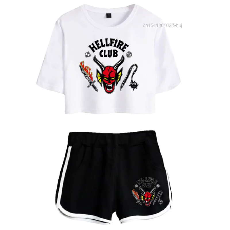 

Hellfire Club Stranger Things Season 4 T-Shirt Shorts Sets Women Summer Open Navel Short T Shirts Female Crop Tops Clothes Y2k