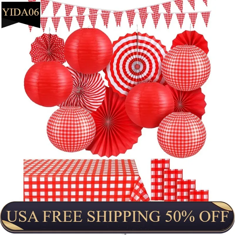 

18 Pcs Picnic Party Decorations Set Include Red and White Checkered Gingham Pennant Banner Hanging Paper Fans Round