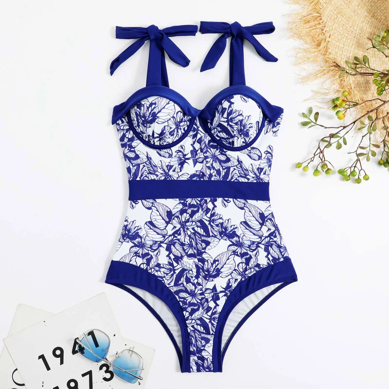 2023 New Floral Print One Piece Swimsuit Beach Dress Women Tie-shoulder Swimwear Cover Up Luxury Brazilian Bathing Suit Summer