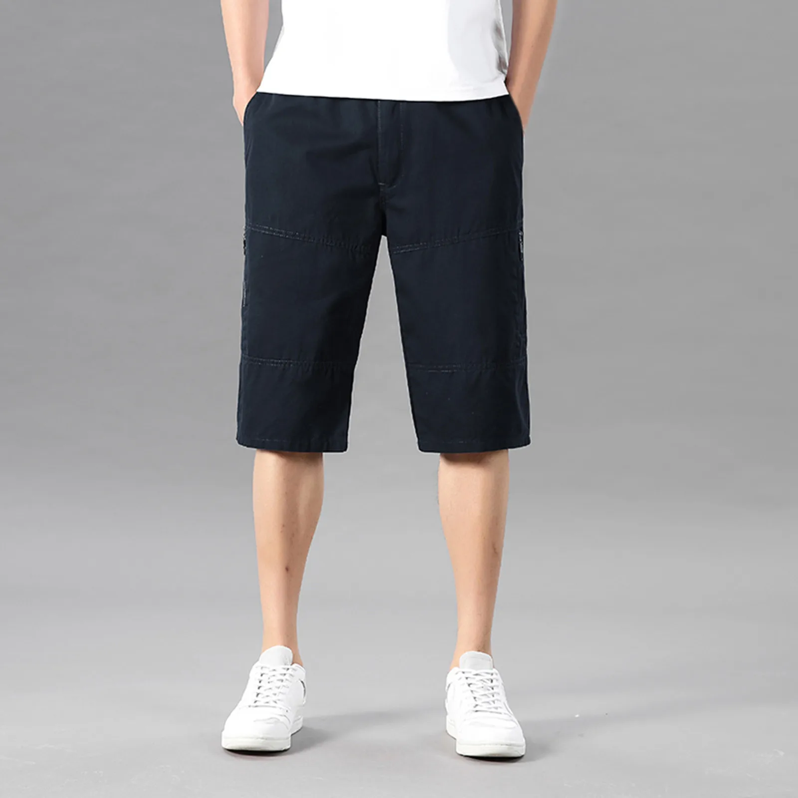 

Мужские модные повседневные однотонные шорты с множеством карманов на молнии с пряжкой уличные шорты для инструментов мужские спортивные ...