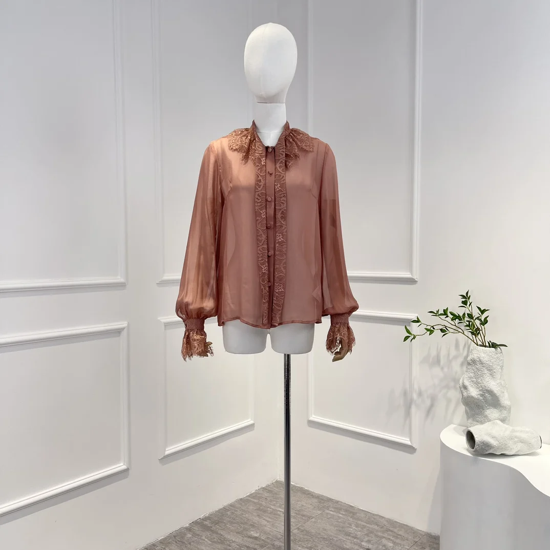 

2022 New Arrival Spring Autumn High Quality Pure Silk Lace Pathwork Camisole Cinnamon Brown Fashion Women Blouse