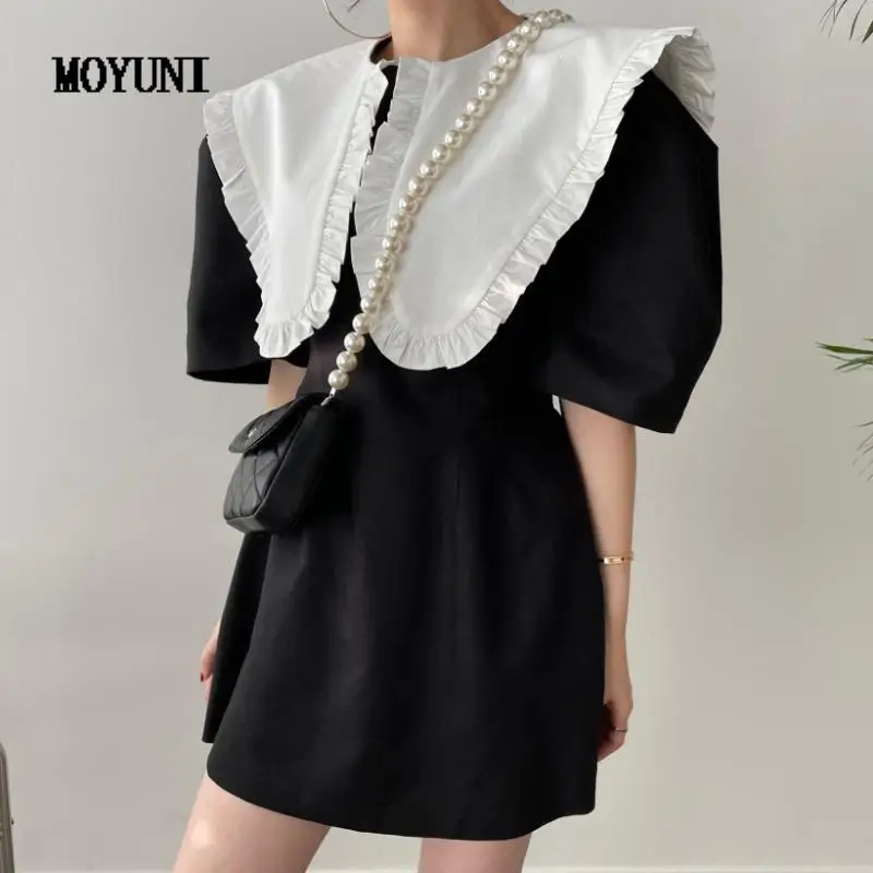 

Fungus Large Lapel Black White Contrast Short Sleeve Doll Dress Women Mini Summer Retro Fashion Clothes Robe Femme Vestido