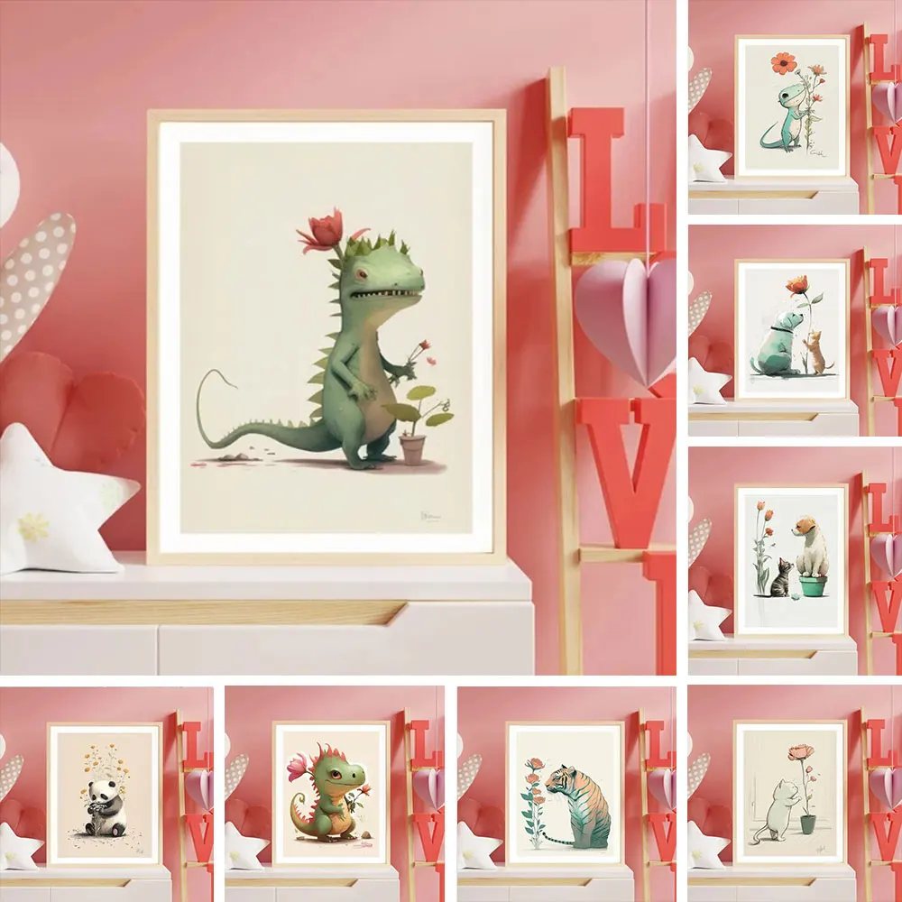 

Cute Animal Dino Panda Lizard Cat Hugging The Flower Posters Print Canvas Painting Wall Art Pictures For Living Room Home Decor