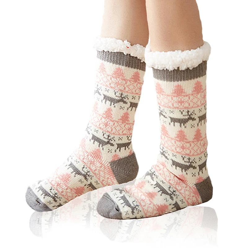 TANABATA Christmas Deer Fleece Snow Socks Women Men Winter Warm Soft Fuzzy Lazy Socks Slipper Grippers  Happy New Year 2023