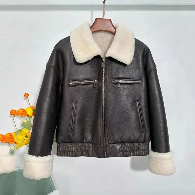 

Женское зимнее пальто, Новое поступление 2023, куртка из натурального овечьего меха, одежда с отложным воротником, Толстая теплая короткая длина