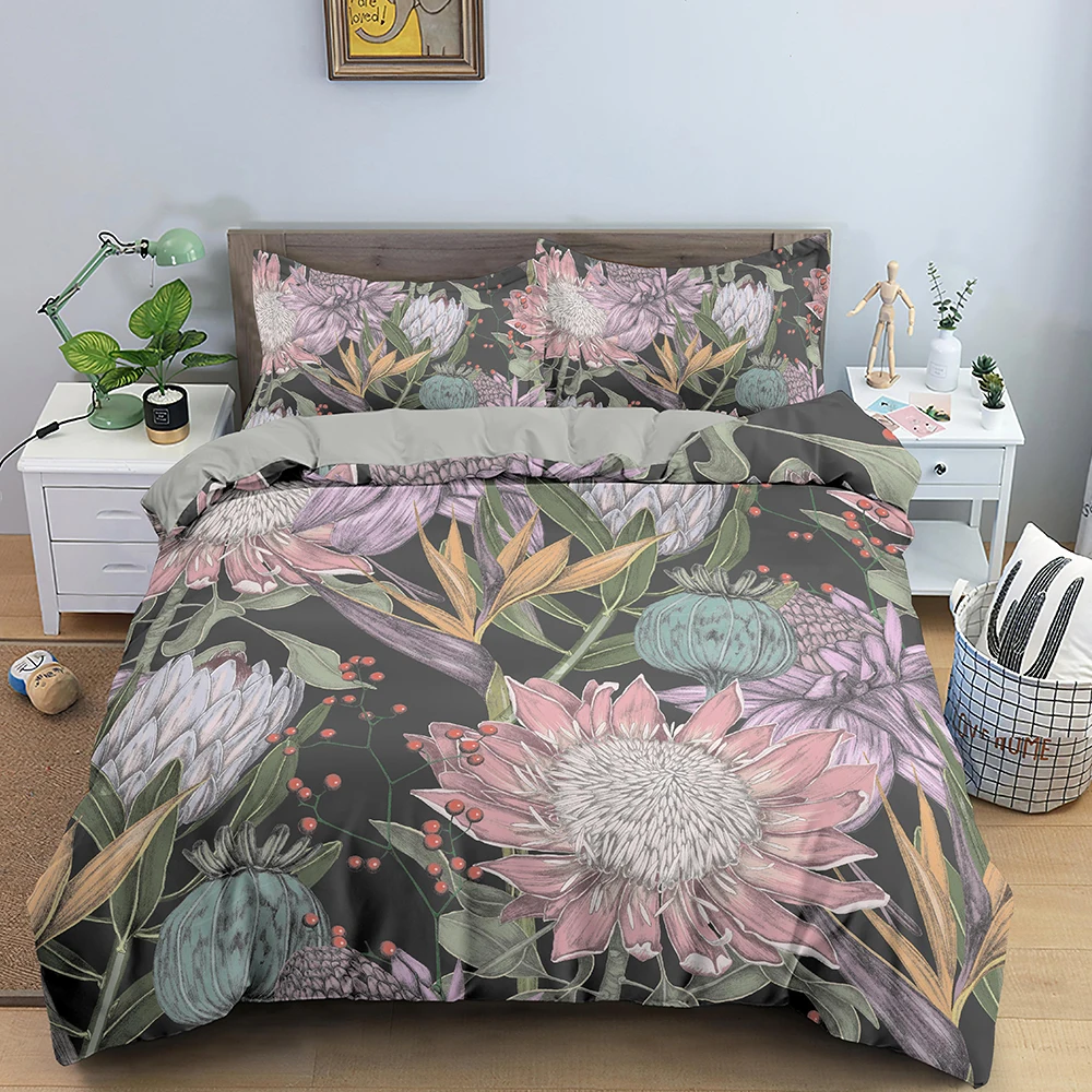 

Set Polyester Duvet Cover With Pillowcase Flowers And Plants Pattern Quilt Cover Queen Flamingo Bedding Size Comforter Cover Set