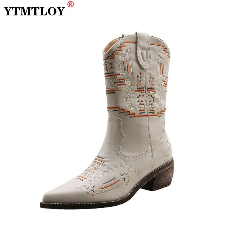 Новые брендовые ковбойские сапоги с вышивкой в западном стиле для женщин высокие