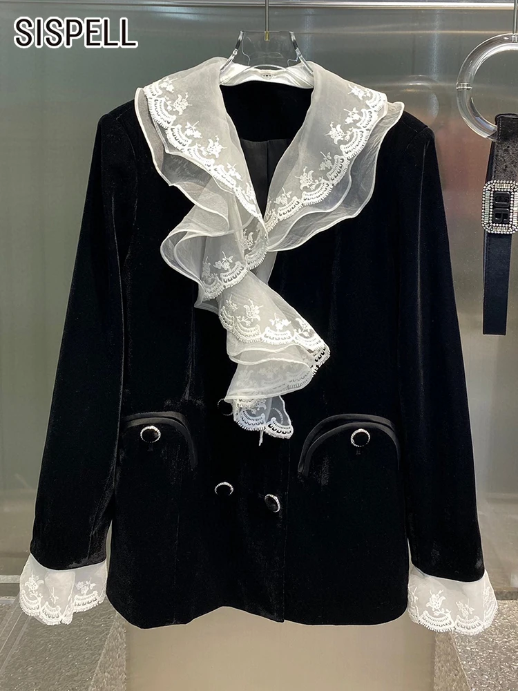 

SISPELL Hit Color Blazers For Women V Neck Long Sleeve Patchwork Diamonds Double Breasted Lace Belt Temperament Blazer Female