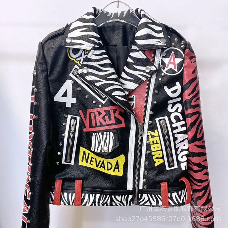 European And American Women'S Leather Coat Fashion Heavy Industry Rivet Letter Graffiti Print Motorcycle Wear   Personality Tren