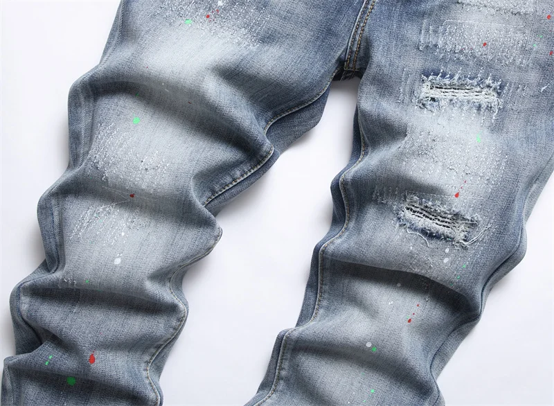 Men's Colorful Graffiti Printed Jeans Y2K Colorful Slim Fit Tapered Elastic Casual Pants Fashion Street Clothing Small Foot Pant