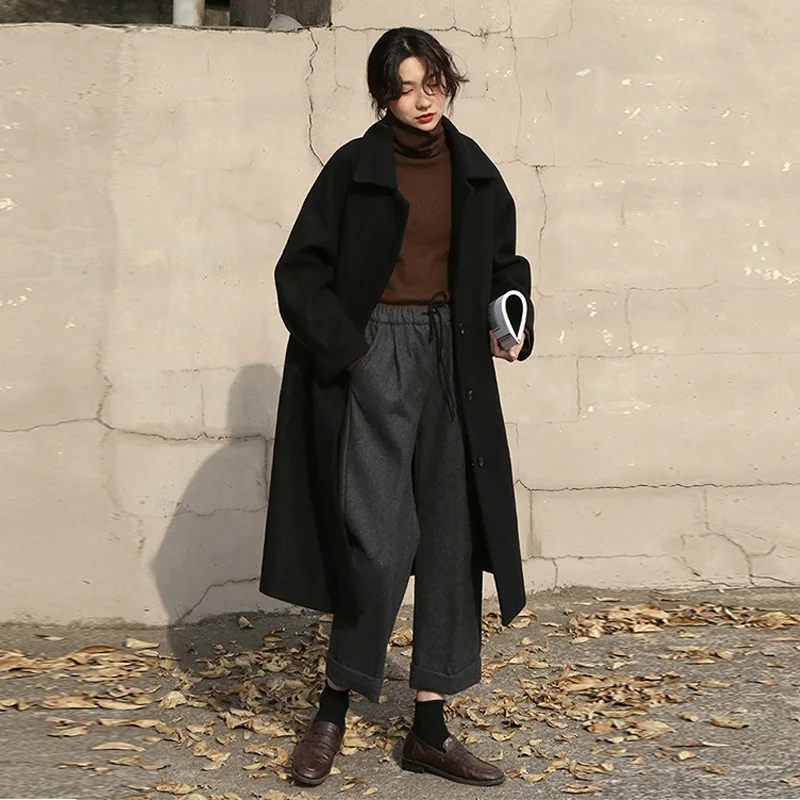 

New Black/Purple Thickened Cotton Woolen Coat British Style Elegant Over Knee Cashmere Coat Female Winter Pocket Korean Outwears
