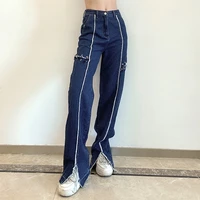 fashion straight trousers women casual front split wide leg denim pants 2021 high waist pant fashion jeans handsome streetwears