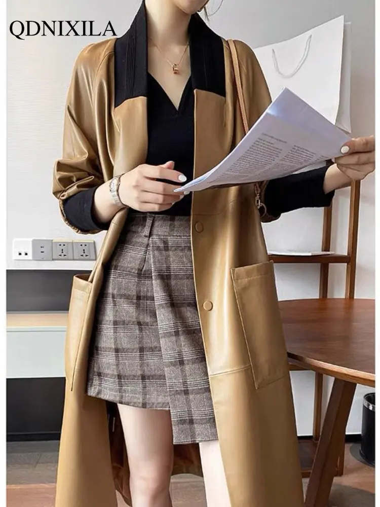 Women's Leather Jacket Sheepskin Coat 2023 New Korean Version of Loose Long Trench Coat PU Women Jacket New In Outerwear