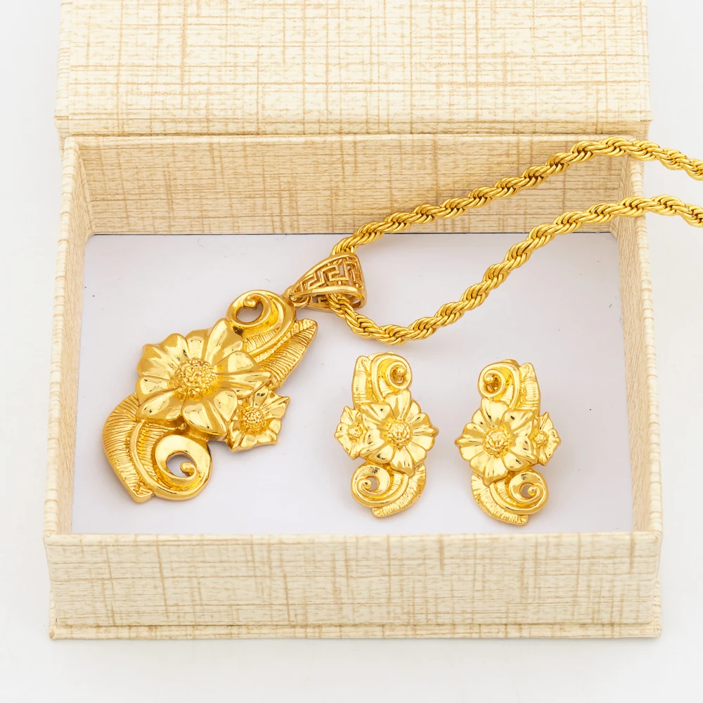 

Trend Women Copper Jewelry Set Flower Design 60cm Long Necklace and Earrings 2Pcs Set Boho Jewellery Wedding Bridal Necklace Set
