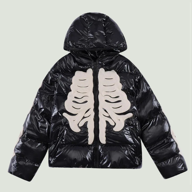 

Streetwear Hip Hop Cotton Padded Parkas Mens Harajuku Bright Skeleton Patchwork Jackets Winter Casual Loose Warm Couples Coats