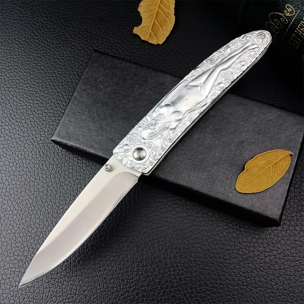 

Handmade Goddess Damascus Steel Outdoor Fixed Blade Knife Aluminium Alloy Handle Camping Fruit Knife Portable Key Knife EDC Tool
