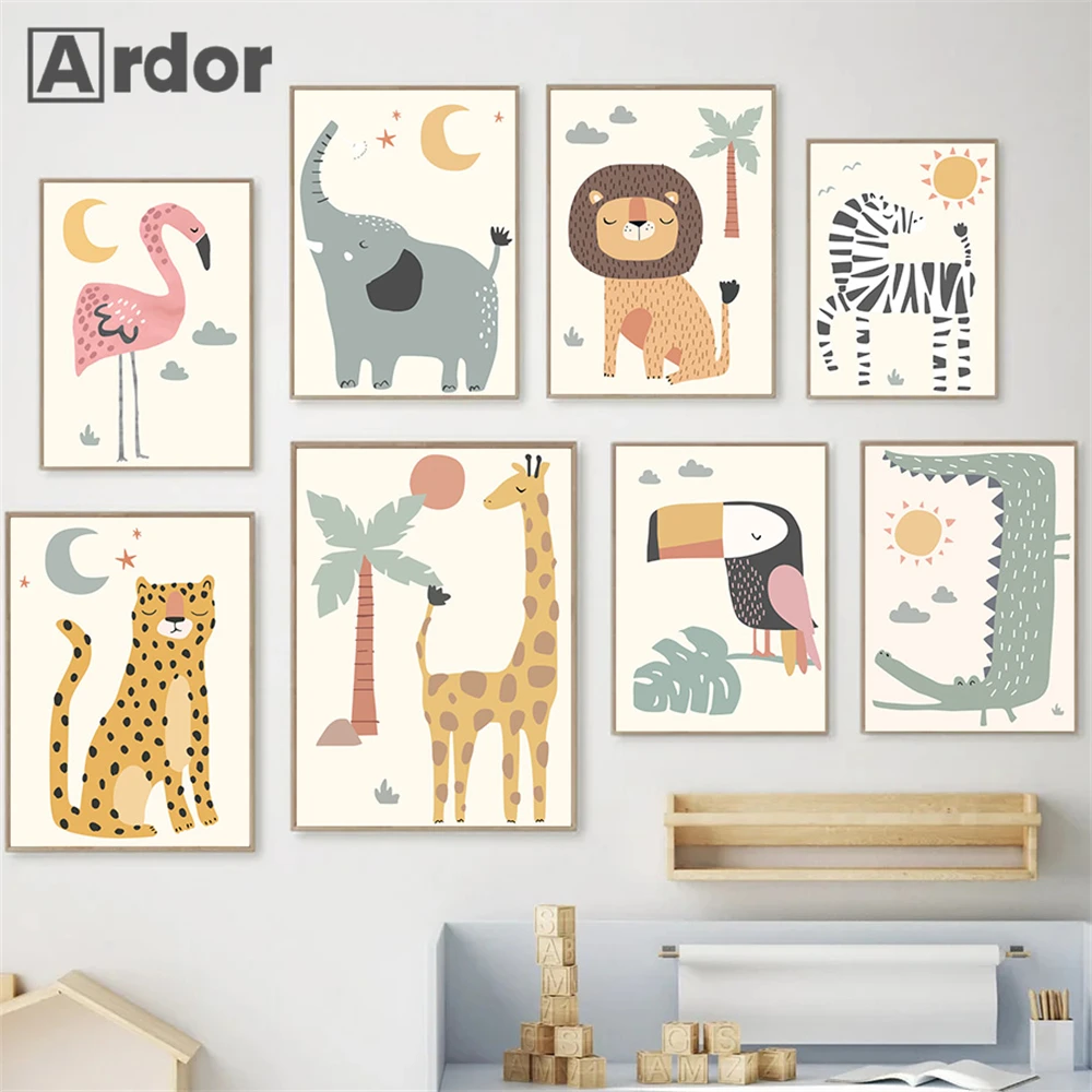

Woodland Animal Canvas Poster Flamingo Lion Zebra Giraffe Wall Painting Nursery Art Prints Nordic Wall Pictures Kids Room Decor