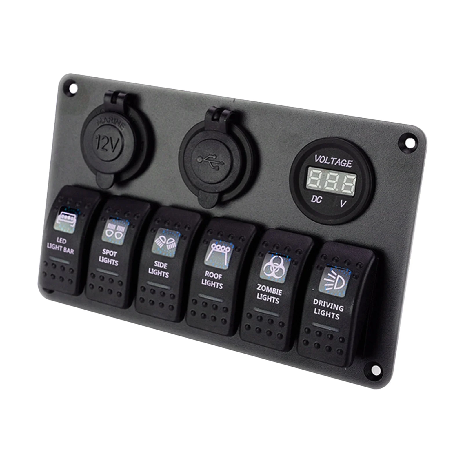 

6 Gang Rocker Switch Panel 12/24V Dual USB Slot Socket Digital Voltmeter Voltage Display For Marine Car Vehicles RV Yacht