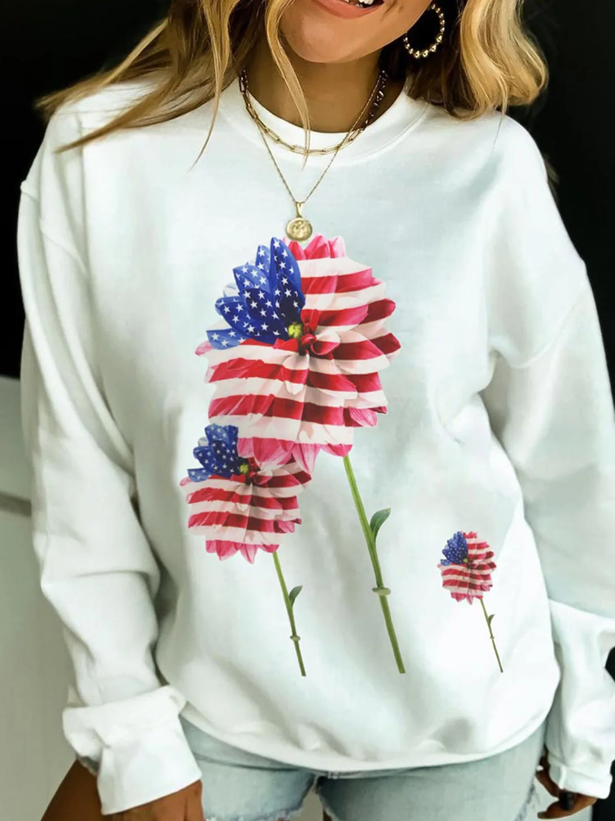 

Floral Flag Long Sleeve O-Neck Sweatshirt 2023 Autumn Vintage Fashion Women Comfy Casual Vacation Party Elegant Commuter Tops