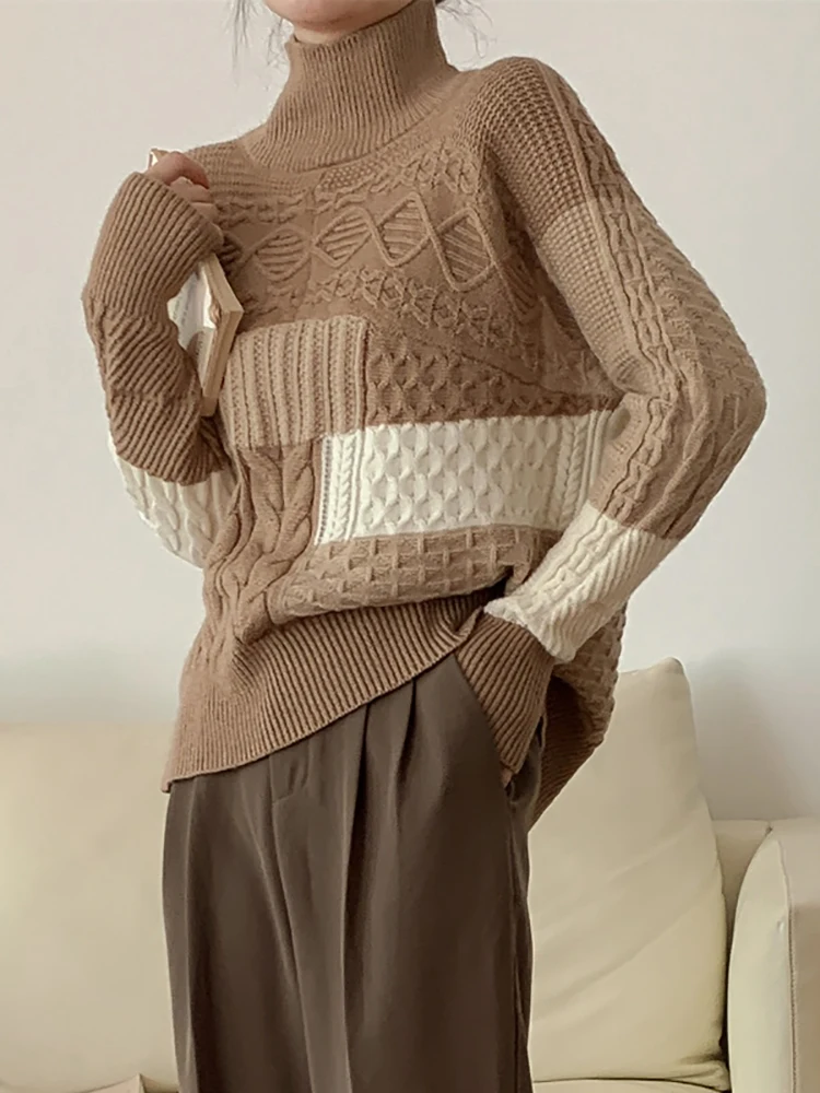 

Patchwork Color Autumn Winter Women Knitted Turtleneck Wool Sweaters Casual Basic Pullover Jumper Batwing Long Sleeve Loose Tops