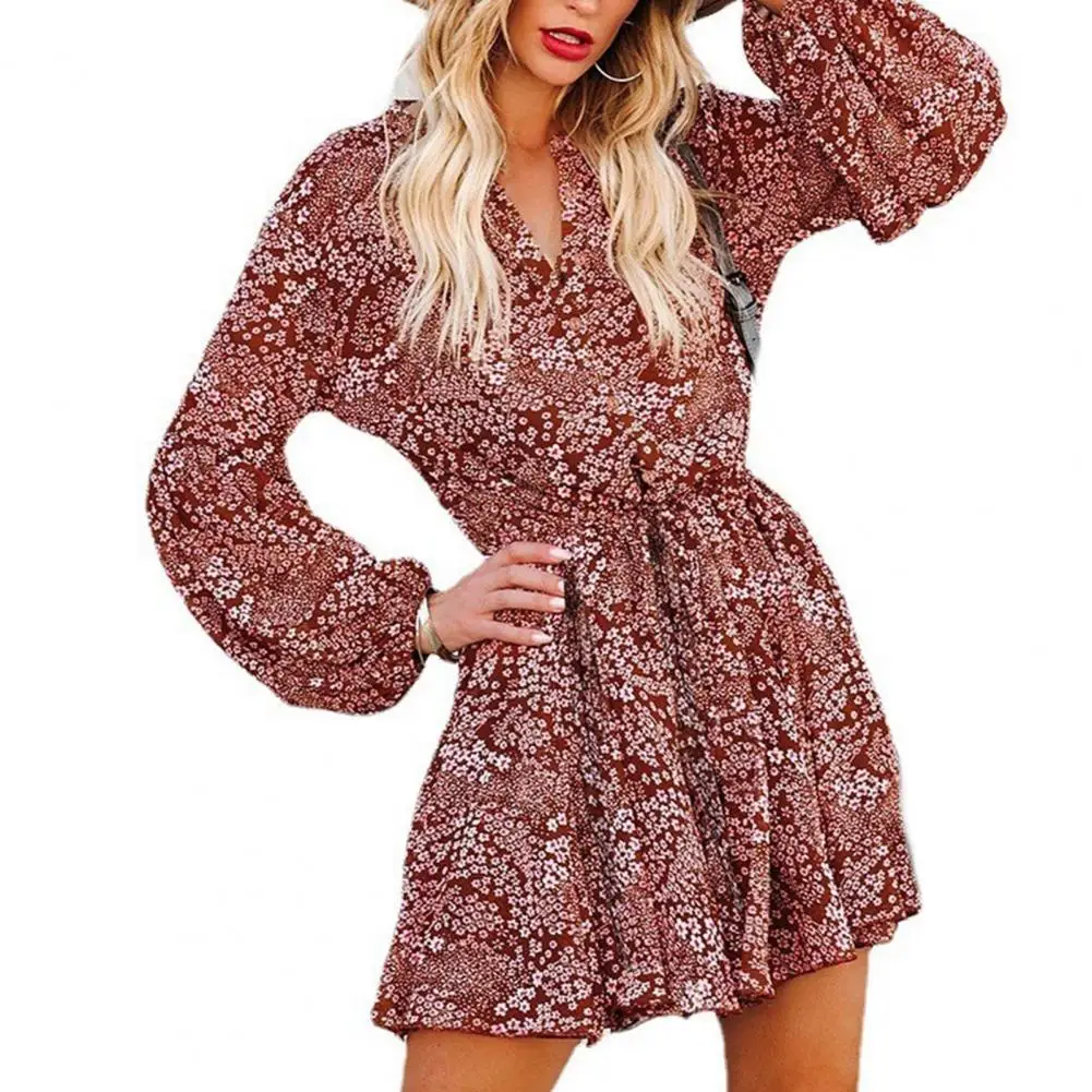 

V-neck Lantern Long Sleeve Buttons Half Placket Pleated Asymmetrical Chiffon Dress Women Lace-Up Waist Tight Floral Print Dress