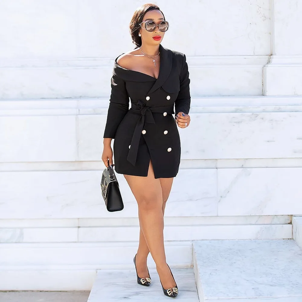 Женское офисное платье-блейзер двубортное облегающее мини-платье черного цвета